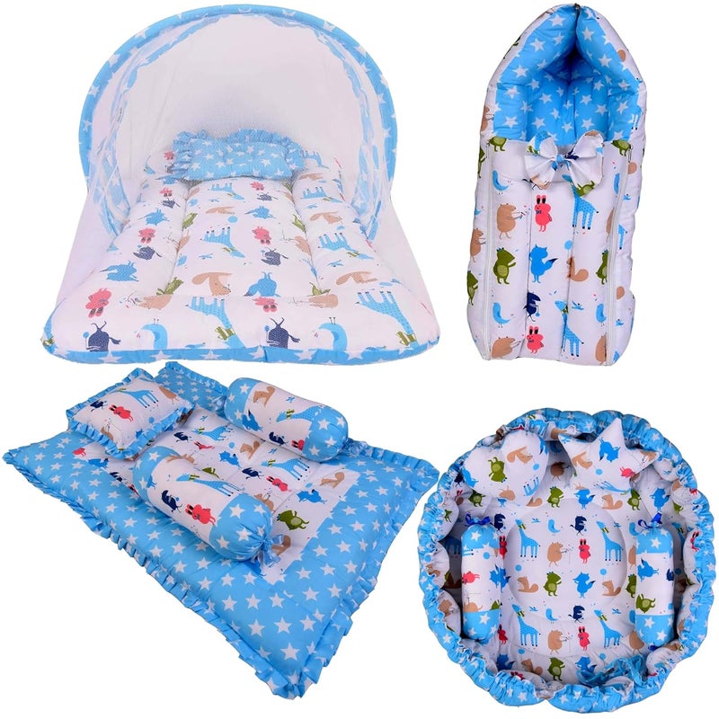Kwitchy Baby Bedding Set New Born Baby Bed Mattress Mosquito Net Sleeping Bag Gadda Set Nest Bed Cotton Essential Combos Gift Pack Boys Girls 06 Months Blue 4PCS Set - Image 1