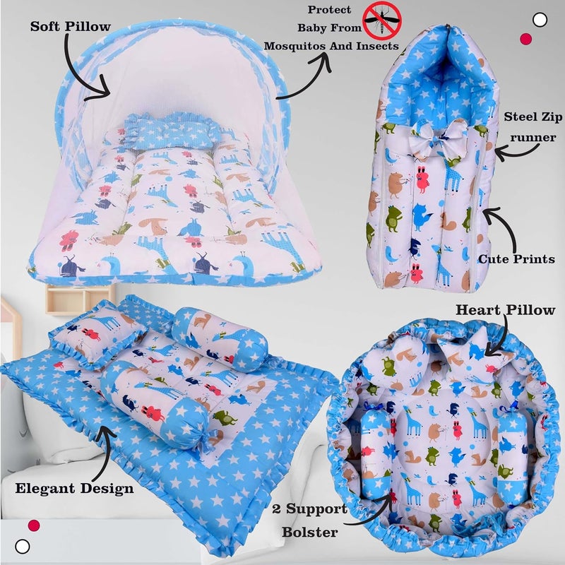 Kwitchy Baby Bedding Set New Born Baby Bed Mattress Mosquito Net Sleeping Bag Gadda Set Nest Bed Cotton Essential Combos Gift Pack Boys Girls 06 Months Blue 4PCS Set - Image 2