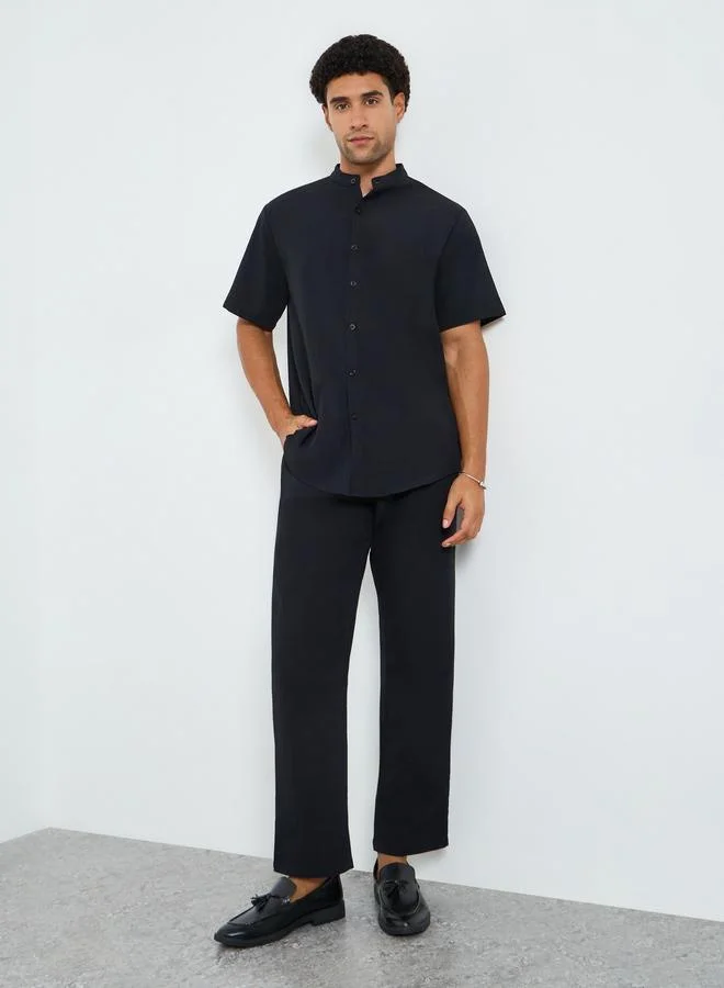 تايك تو Men Solid Stand Collar Shirt and Pants Co-Ords