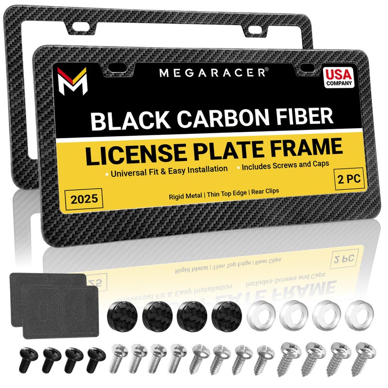 Premium Carbon Fiber Design License Plate Frames 2 Pack RustFree Stainless Steel RattleFree Universal with Screw Caps SlimTop WideBottom Thin Rigid Metal Car Tag Holders Front Rear