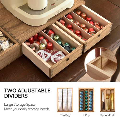 KIRIGEN Wood Coffee Station Organizer Coffee Bar Accessories Storage Organizer Coffee and Tea Condiment Storage Organizer Coffee Pod Holder with Drawers Brown (KFJTZ-DBR) - Image 4