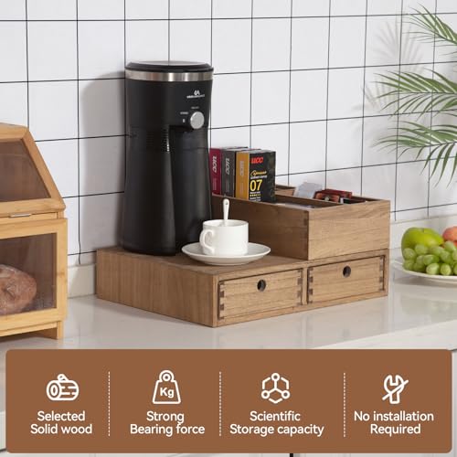 KIRIGEN Wood Coffee Station Organizer Coffee Bar Accessories Storage Organizer Coffee and Tea Condiment Storage Organizer Coffee Pod Holder with Drawers Brown (KFJTZ-DBR) - Image 2