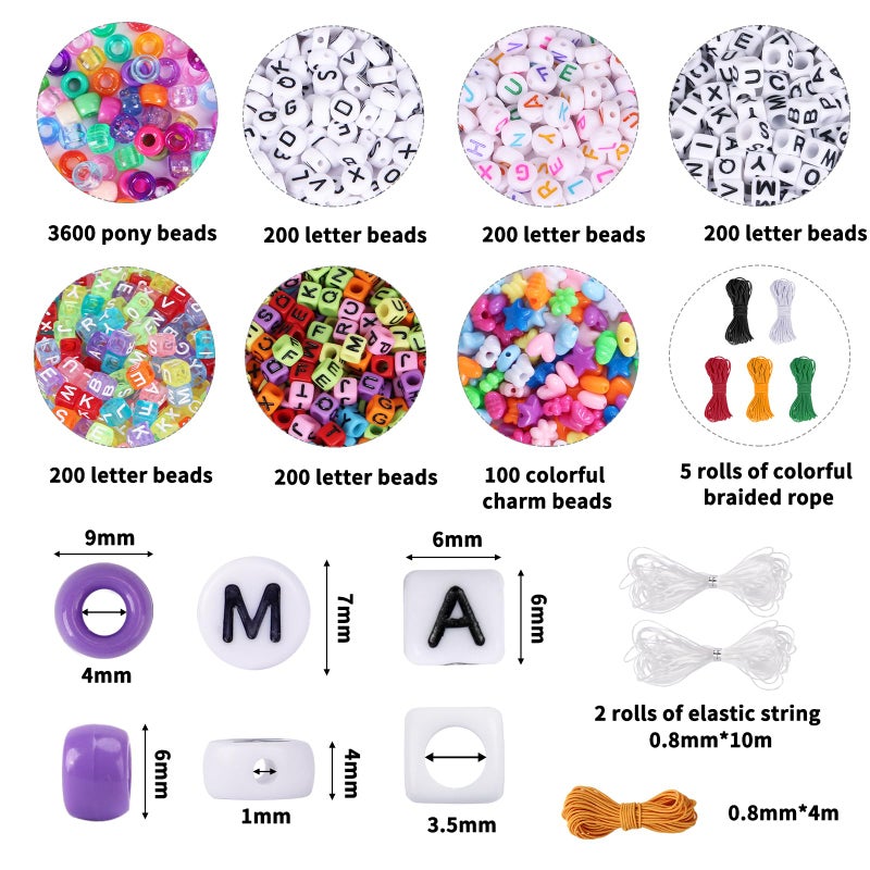 QUEFE 4700pcs, 72 Colors Pony Beads Rainbow Kandi for Bracelets Making Kit, 3600pcs 9mm Plastic and 1000pcs Letter Beads, Alphabet for Jewelry Making With Elastic Threads - Image 2