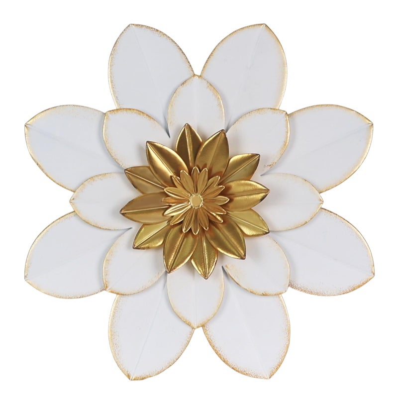 hogardeck Metal Flower Wall Decor, 16" White Gold Floral Metal Wall Art for Indoor Outdoor, Boho Farmhouse Modern Wall Decor for Bathroom, Living Room, Kitchen, Bedroom, Porch, Garden, Yard - Image 1