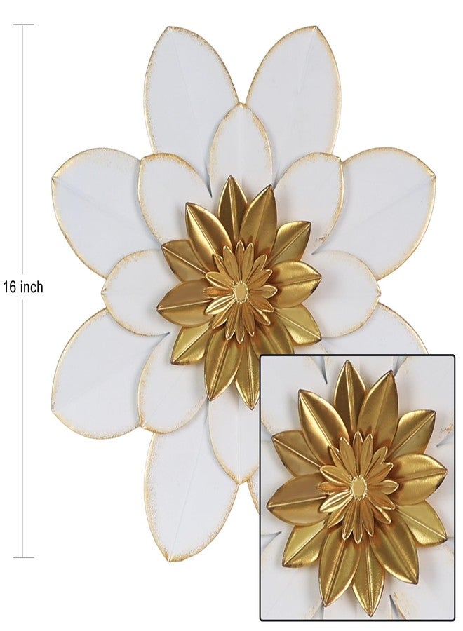 hogardeck Metal Flower Wall Decor, 16" White Gold Floral Metal Wall Art for Indoor Outdoor, Boho Farmhouse Modern Wall Decor for Bathroom, Living Room, Kitchen, Bedroom, Porch, Garden, Yard - Image 2
