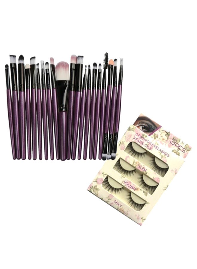NIBEMINENT 20-Piece Makeup Brush Set With 3 Pairs Artificial Eyelashes Purple/Black/White - Image 1