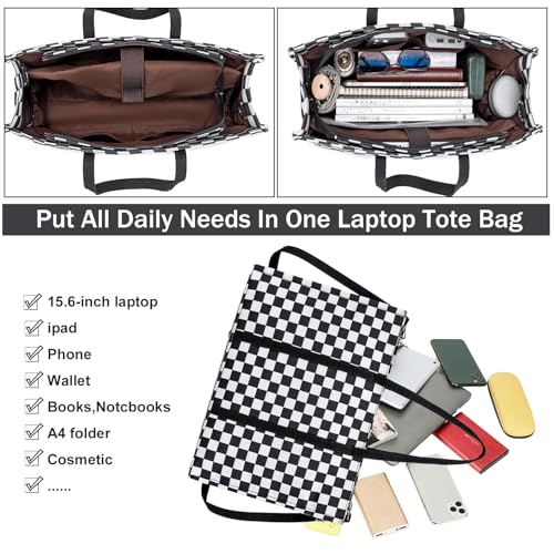 BTOOP Laptop Tote Bag for Women Work 15.6 inch Canvas Shoulder Bags Computer Messenger Purse Teacher Handbag Office Briefcase (Black-White Checkered) - Image 5
