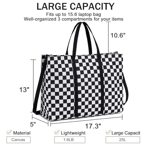 BTOOP Laptop Tote Bag for Women Work 15.6 inch Canvas Shoulder Bags Computer Messenger Purse Teacher Handbag Office Briefcase (Black-White Checkered) - Image 3