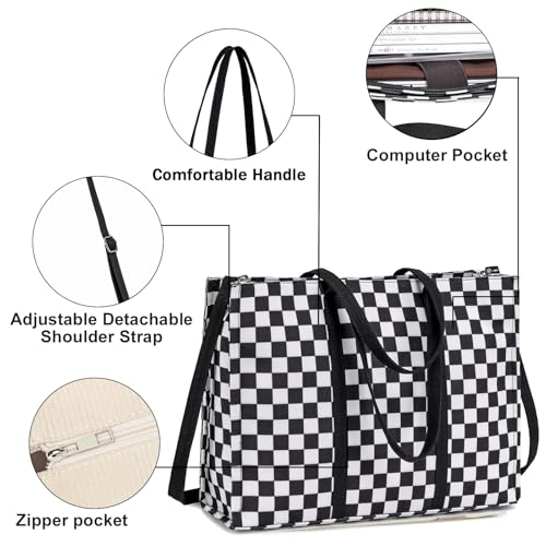 BTOOP Laptop Tote Bag for Women Work 15.6 inch Canvas Shoulder Bags Computer Messenger Purse Teacher Handbag Office Briefcase (Black-White Checkered) - Image 4