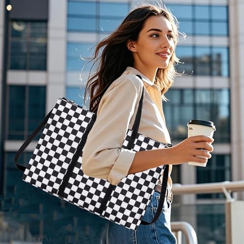 BTOOP Laptop Tote Bag for Women Work 15.6 inch Canvas Shoulder Bags Computer Messenger Purse Teacher Handbag Office Briefcase (Black-White Checkered) - Image 2