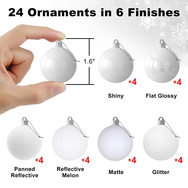 GameXcel White 1.6"" Small Christmas Balls Christmas Tree Decoration Ornaments Shatterproof Hanging Balls for Birthday Halloween Holiday Wedding Decorations Set of 24pcs - Image 2