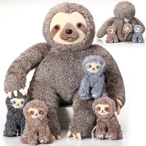 Kasyat 5 Pcs Sloth Stuffed Animals Set 13 Inch Large Mommy Sloth Stuffed Plush Toy with 4 Babies Soft Cuddly Plushies for Kids Adults Valentines Day Easter Birthday Gifts Baby Shower Party Favors - Image 1