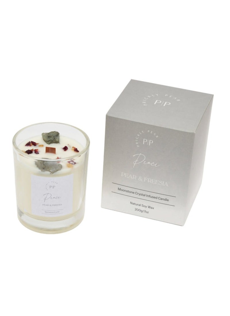 Prickly Pear - Prickly Pear Moonstone Crystal 'Peace' Candle, 100% Natural Soy Wax with Authentic Crystals, Comes in Glass Vessel with a burn time of 45 Hrs, 200g - Image 1