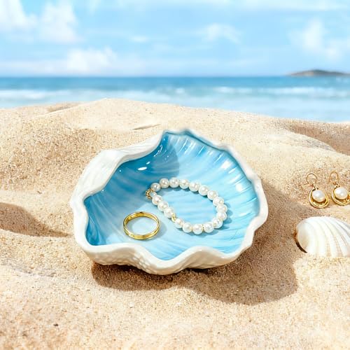 QIANCHANG Seashell Ceramic Jewelry Trinket Tray, Blue White Decorative Ring Holder Dish for Rings Earrings Necklaces, Women’s Birthday Gift, Mother’s Day Present - Image 4