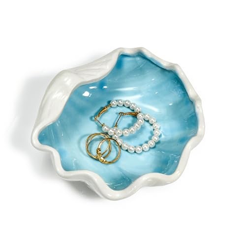 QIANCHANG Seashell Ceramic Jewelry Trinket Tray, Blue White Decorative Ring Holder Dish for Rings Earrings Necklaces, Women’s Birthday Gift, Mother’s Day Present - Image 1