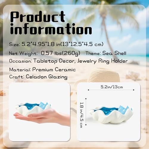 QIANCHANG Seashell Ceramic Jewelry Trinket Tray, Blue White Decorative Ring Holder Dish for Rings Earrings Necklaces, Women’s Birthday Gift, Mother’s Day Present - Image 2