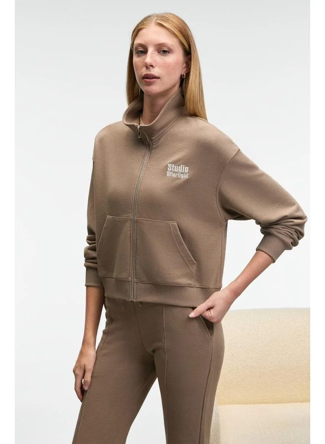 Grimelange TORINA Women's Embroidered Detail Zippered Double Pocket Relaxed Beige Jacket.