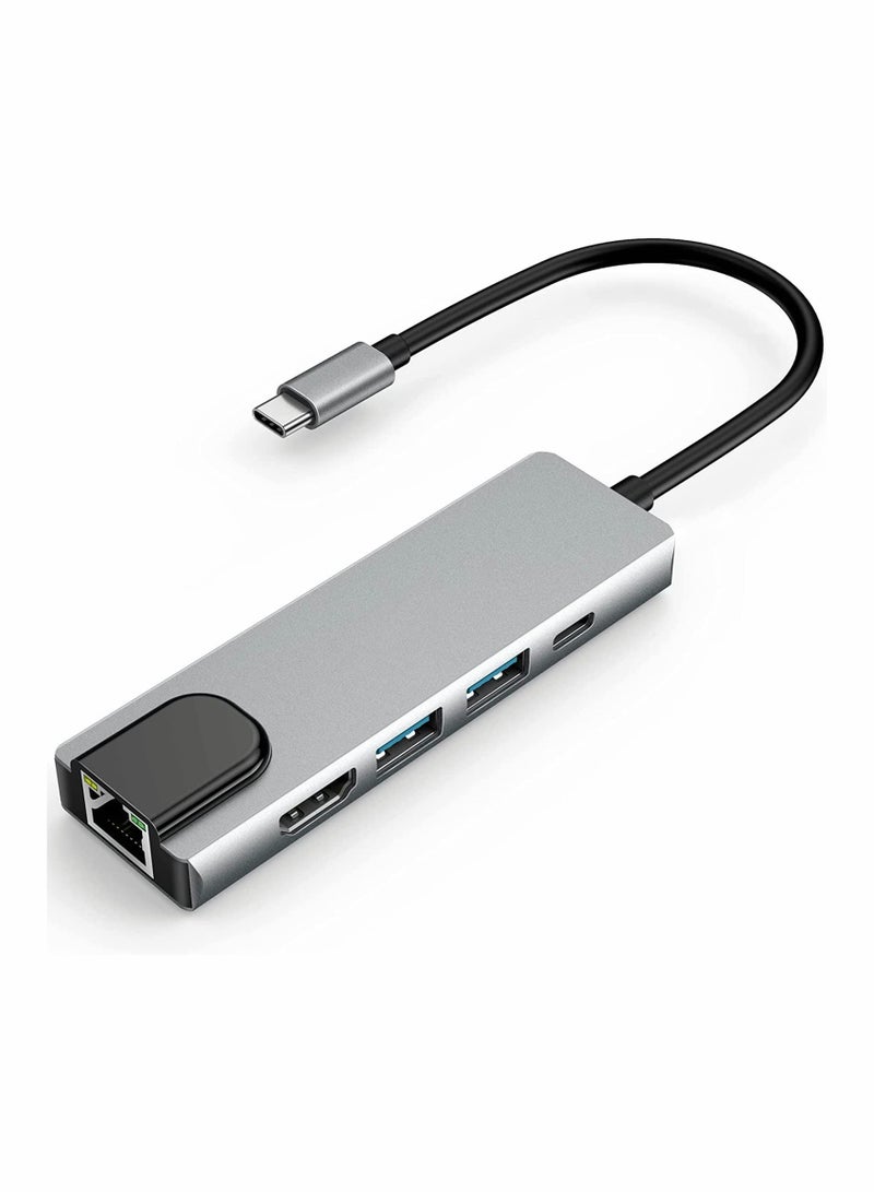 Excefore USB C Hub, 5-in-1 USB C Hub with Ethernet, USB C Multiport Adapter with 4K HDMI, RJ45 Ethernet Port, 2 USB Ports, 87W PD Charging for MacBook Pro/Air, for Switch/PS4, for iPad Pro M1, Chromecast  - Image 1