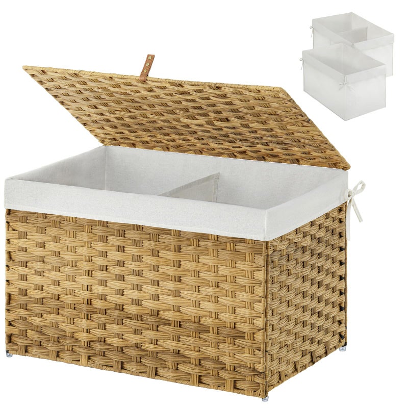 Greenstell GREENSTELL Storage Basket with Lid 172 Gallon65L Small Wicker Blanket Storage Basket with Handles Foldable 2 Removable Liner Bags Metal Frame for Bedroom Laundry Room Natural 