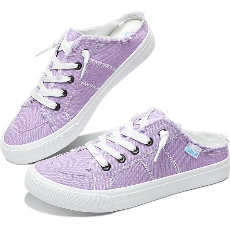 Obtaom Women Canvas Mules Memory Foam Clipper Fashion Sneakers Comfortable Slip-On Mule Backless Holiday Shoesï¼ˆPurpleï¼ŒUS7ï¼‰ - Image 1