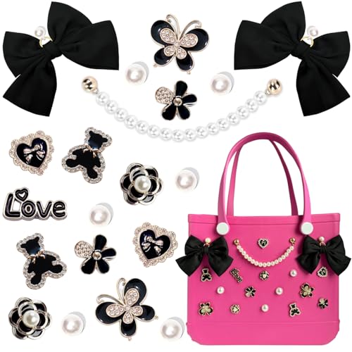 Everfunny Charms for Bogg Bag,Pearls,Butterfly Flowers and Chain for Bogg Bag Accessories Charms(20 pcs) (Black) - Image 1