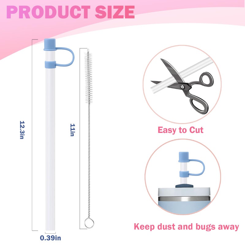 LUCKINEE 6 Plastic Straws Reusable for Stanley Tumbler 30 oz 40 oz, 12 Inch Straight Replacement Straw with 6 Colorful Straw Covers, 2 Cleaning Brushes for Stanley Cup Accessories - Image 2