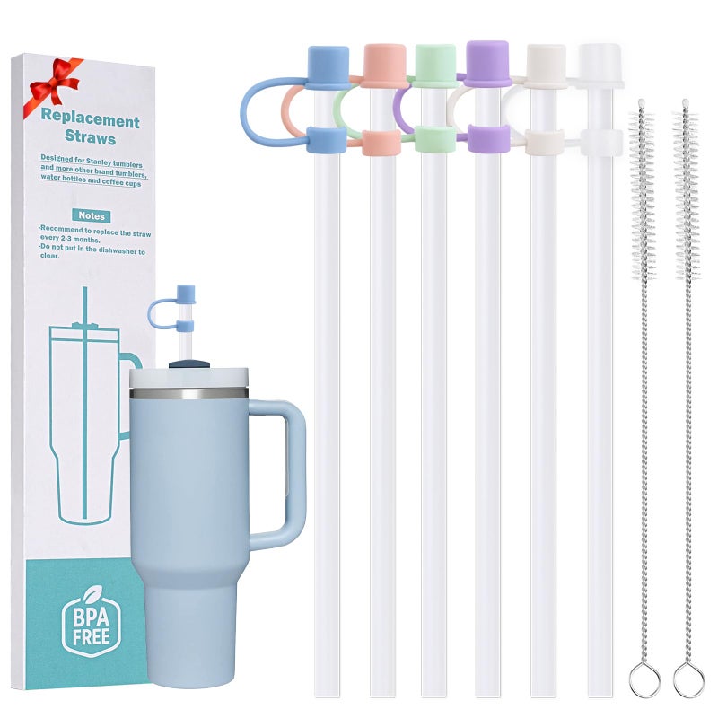 LUCKINEE 6 Plastic Straws Reusable for Stanley Tumbler 30 oz 40 oz, 12 Inch Straight Replacement Straw with 6 Colorful Straw Covers, 2 Cleaning Brushes for Stanley Cup Accessories - Image 1