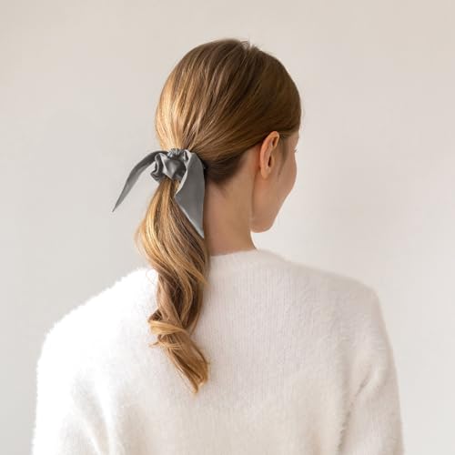 THXSILK Hair Silk Scrunchies with Bow for Women Pure Mulberry Silk Hair Cute Ring Ties Scrunchies for Girls Women's Thick Hair Grey, 3.5" - Image 5