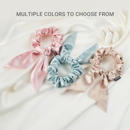 THXSILK Hair Silk Scrunchies with Bow for Women Pure Mulberry Silk Hair Cute Ring Ties Scrunchies for Girls Women's Thick Hair Grey, 3.5" - Image 2