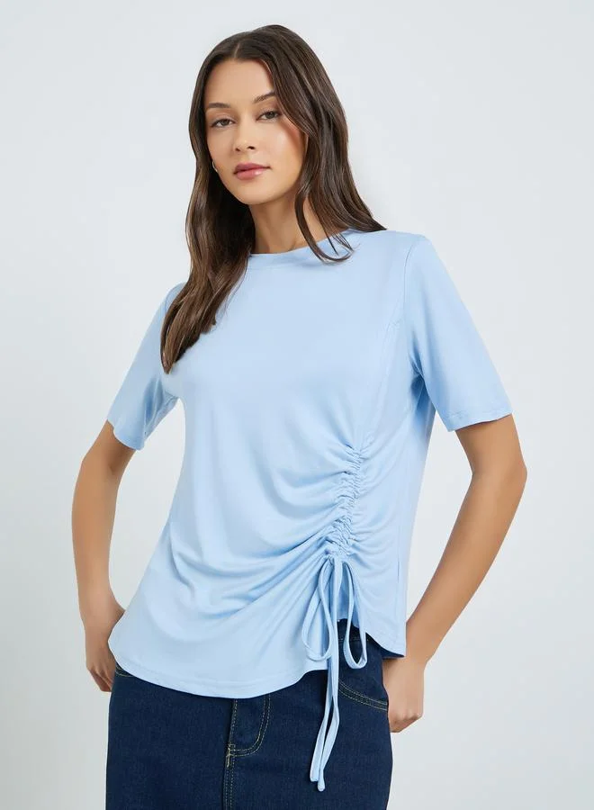 Styli Blue Knitted T-Shirt with Adjustable Drawstring