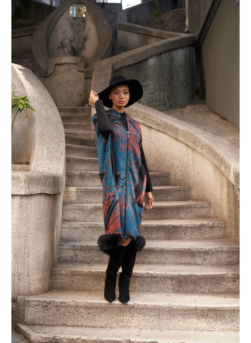 MissWhence Patterned Zippered Coat with Faux Fur Hem Detail - Teal