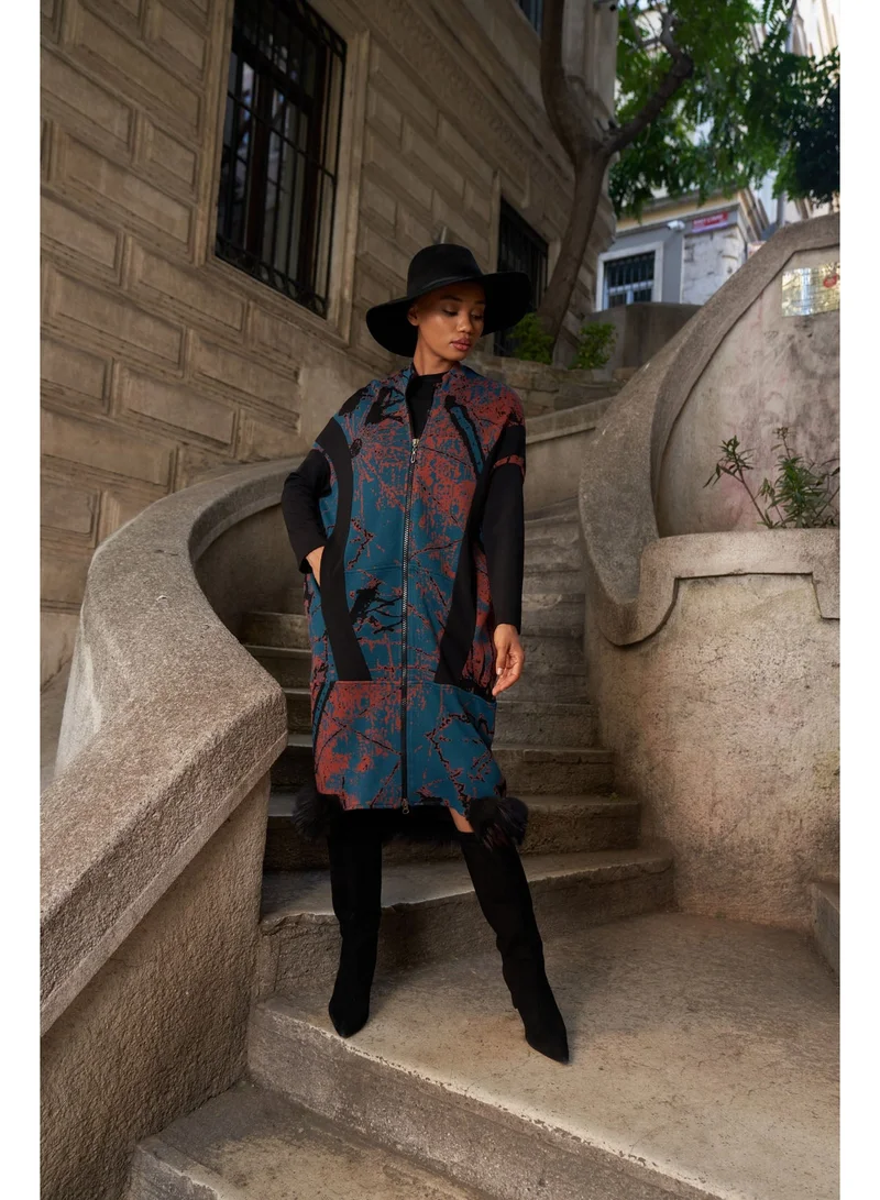 MissWhence Patterned Zippered Coat with Faux Fur Hem Detail - Teal