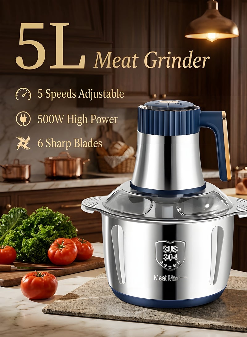 Beauenty 5L Electric Food Chopper,500W Stainless Steel Meat Grinder Electric,5-Speed Mode,Multi-Function Food Processor for Dough Stirring,Onion,Meat,Fruits, Garlic,Vegetables,Baby Food - Image 2