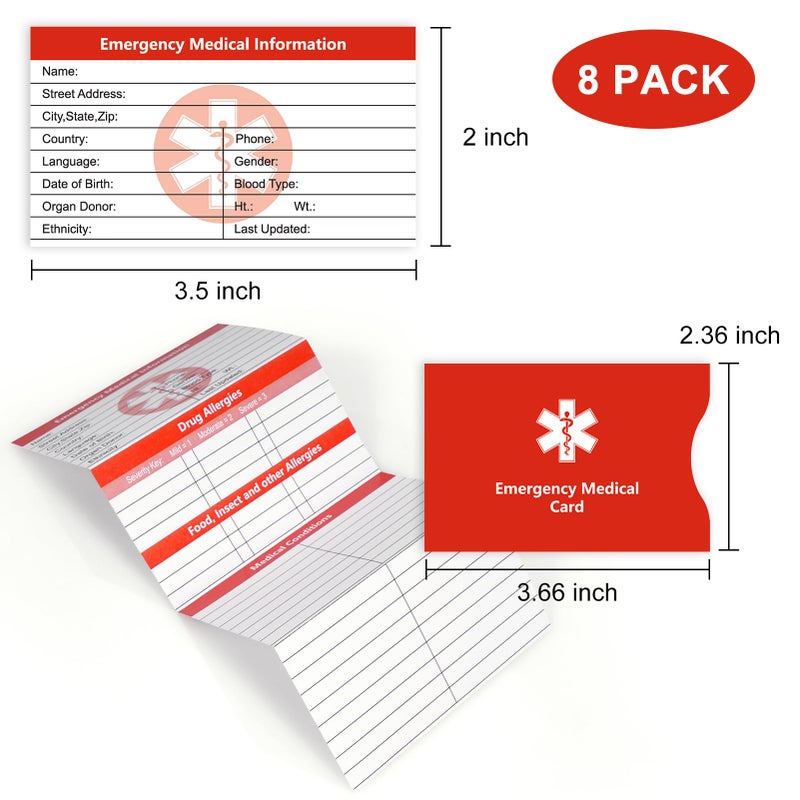 MEDMAX 8 Pack Emergency Medical Cards Tri-Folding with Protective Sleeves, Emergency Medical Alert Information Contact ID Card for Wallet Pocket - Image 2