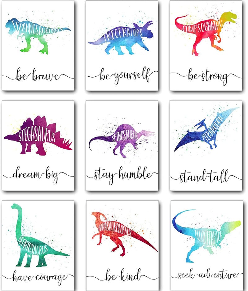 كلاراكو مجموعة من 9 قطع من كلاركو، ديكور غرفة الأولاد على شكل ديناصور، مقاس 8 × 10 بوصة، مطبوعات فنية جدارية على شكل ديناصور، كلمات تحفيزية، اقتباسات ملهمة، ملصقات جدارية لتزيين غرفة الأطفال والفصول الدراسية بدون إطار - Image 1