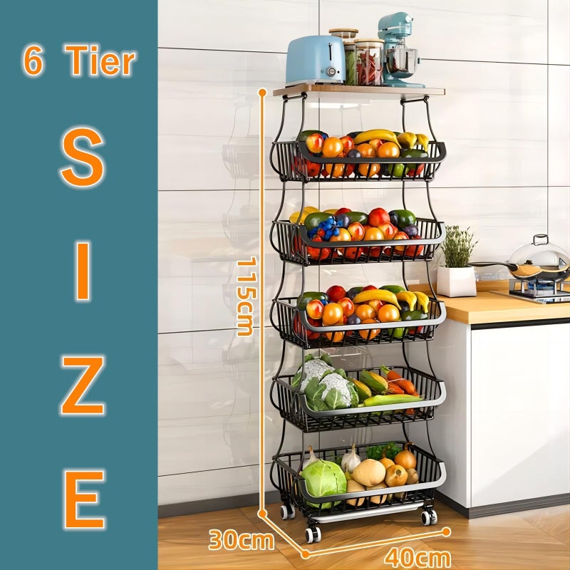 Baotkere Metal Wire Baskets with Wheels, Kitchen Organizer, 6 Tier Stackable Storage Containers, Fruit and Vegetable Trolley, Dish Rack for Bathroom, Garage and Pantry - Image 2