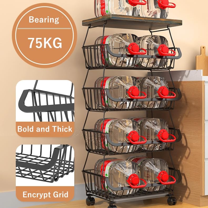 Baotkere Metal Wire Baskets with Wheels, Kitchen Organizer, 6 Tier Stackable Storage Containers, Fruit and Vegetable Trolley, Dish Rack for Bathroom, Garage and Pantry - Image 4