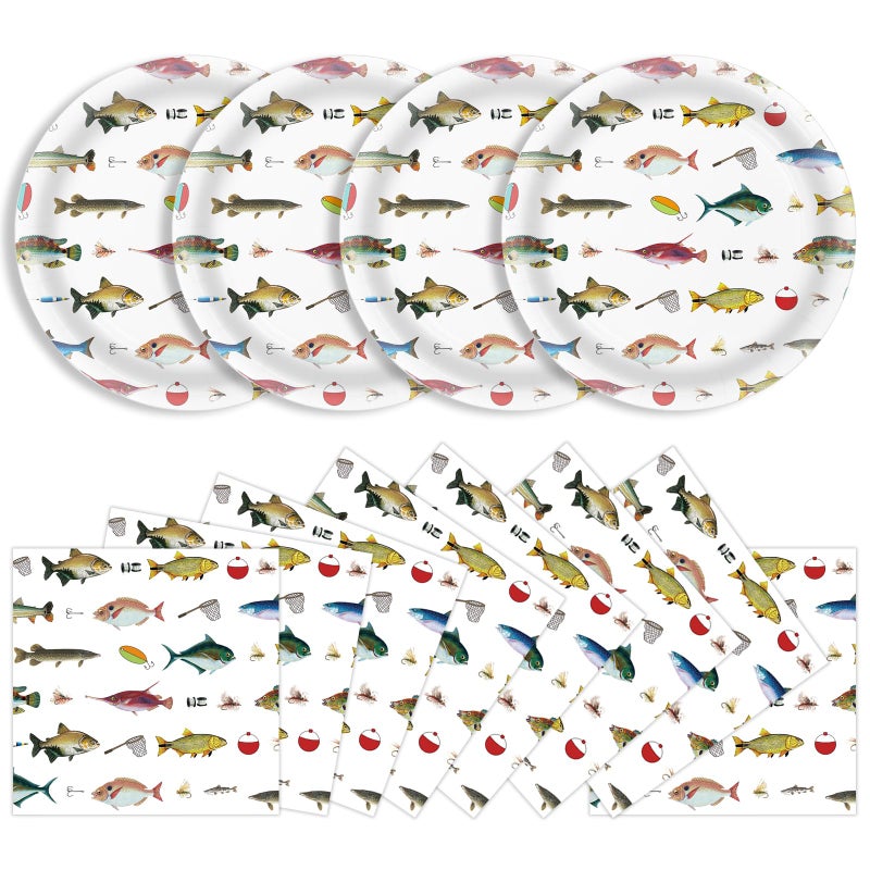 KFJBPB 40 Pcs Fishing Plates and Napkins Party Supplies, Fishing Birthday Paper Plates and Napkins Disposable Tableware Set for Ofishally One Birthday Decorations Serves 20 - Image 1
