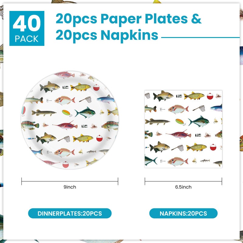 KFJBPB 40 Pcs Fishing Plates and Napkins Party Supplies, Fishing Birthday Paper Plates and Napkins Disposable Tableware Set for Ofishally One Birthday Decorations Serves 20 - Image 2