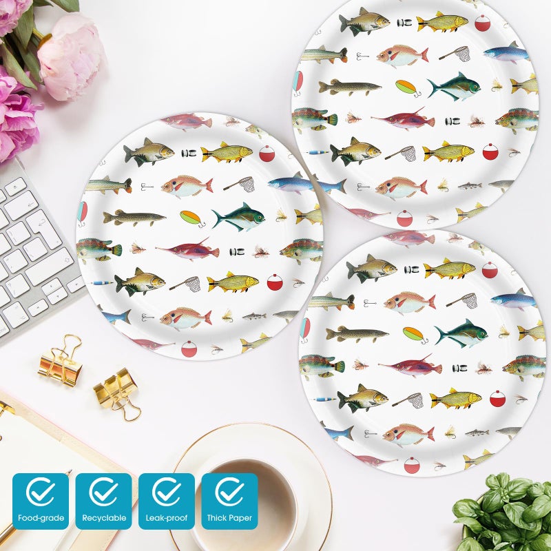 KFJBPB 40 Pcs Fishing Plates and Napkins Party Supplies, Fishing Birthday Paper Plates and Napkins Disposable Tableware Set for Ofishally One Birthday Decorations Serves 20 - Image 3