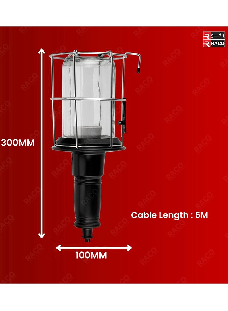 RACO Portable Hand Lamp – E27 Socket, Glass Cover, 13A Plug, 5M Cable | Work Light for Garage, Camping & Construction