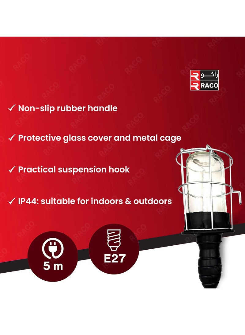 RACO Portable Hand Lamp – E27 Socket, Glass Cover, 13A Plug, 5M Cable | Work Light for Garage, Camping & Construction