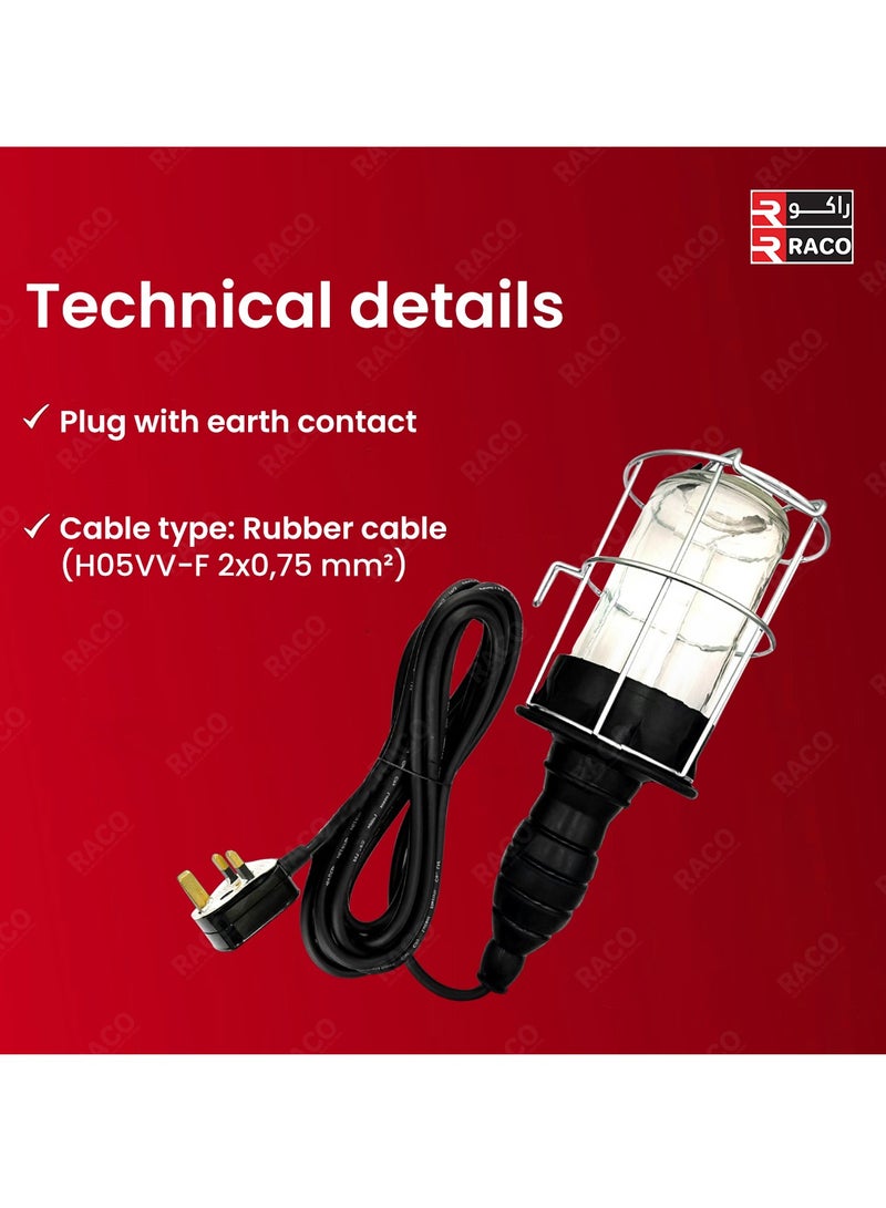RACO Portable Hand Lamp – E27 Socket, Glass Cover, 13A Plug, 5M Cable | Work Light for Garage, Camping & Construction