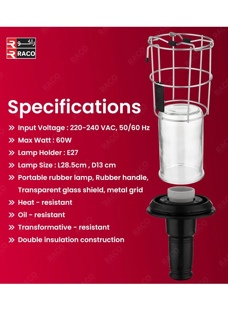 RACO Portable Hand Lamp – E27 Socket, Glass Cover, 13A Plug, 5M Cable | Work Light for Garage, Camping & Construction