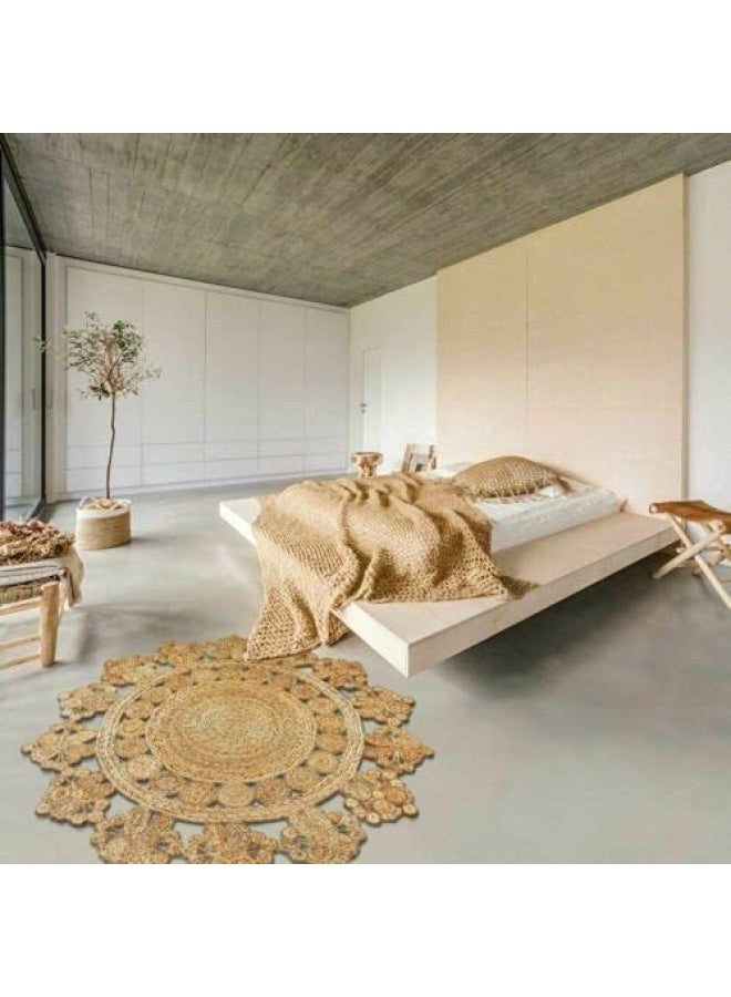 HANDPICKED FURNITURE Jute Wool And Cotton Beige Round Carpet Ultra Soft Area Carpets For Bed Room Living Room And Dining Room Anti-Slip Floor Carpets Easy To Clean Made In Turkey 90X90Cm - Image 3