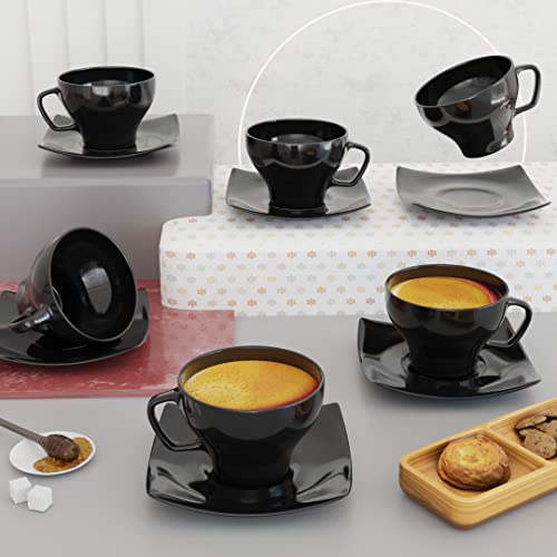 The Earth Store Ceramic Black Shine Microwave Safe Tea Cup Set with Saucer Ideal Best Gift for Friends, Family, Home, Office use, Kitchen Cup Set (Set of 6) - Image 1