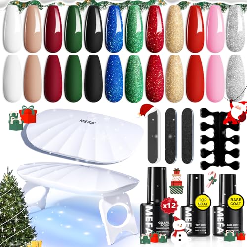 MEFA 19 Pcs Gel Nail Polish Kit with U V Light 12 Christmas Colors Burgundy Red Dark Green Glitter Gel Polish Winter Silver Gold Sparkle Nail Polish Manicure Soak Off DIY Salon Decorations Gifts