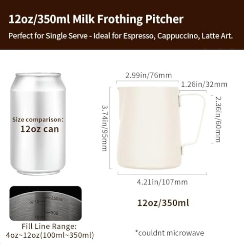 watchget Stainless Steel Milk Frothing Pitcher 12oz350ml Espresso Steaming Pitcher for Cappuccino Latte Art Coffee Machine Accessories Milk Jug Coffee Frother Cup Creamy White - Image 3