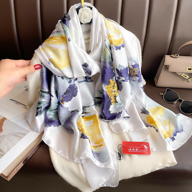 New Summer Lotus Yourou Yarn Long Scarf Shawl Scarf Sunscreen Li Jin Forged Printing Baotou Scarf Direct Selling Beige White 