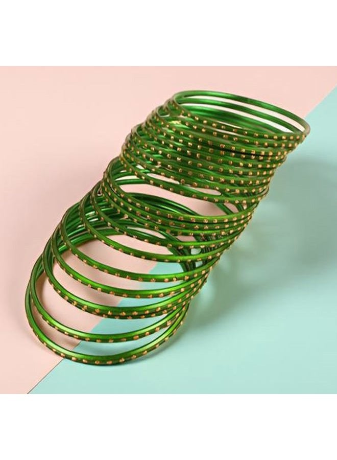 Touchstone NEW! "Colorful 2 Dozen Bangle Collection" Indian Bollywood Alloy Metal Textured Forest Green Designer Jewelry Special Large Size Bangle Bracelets Set Of 24 In Antique Gold Tone For Women - Image 3
